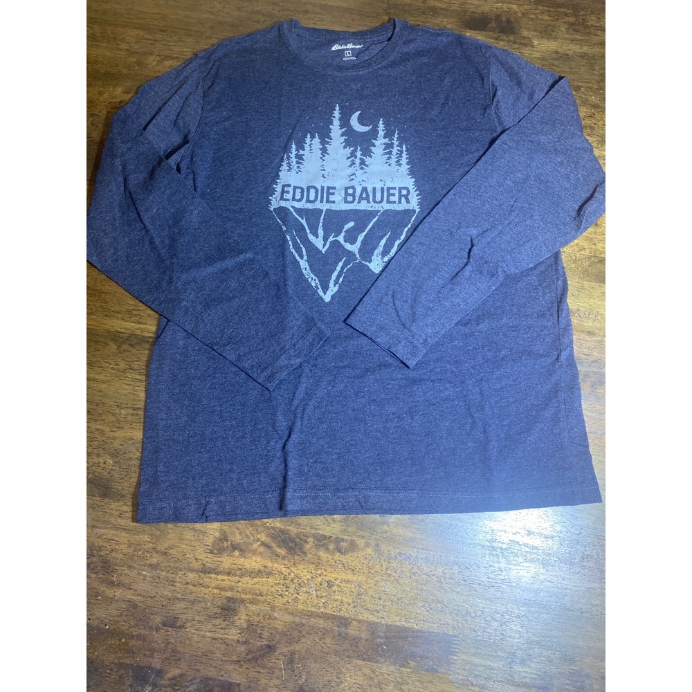 Eddie Bauer Mens Long Sleeve Graphic T-Shirt Blue Mountain Forest Sz Large - Picture 1 of 6